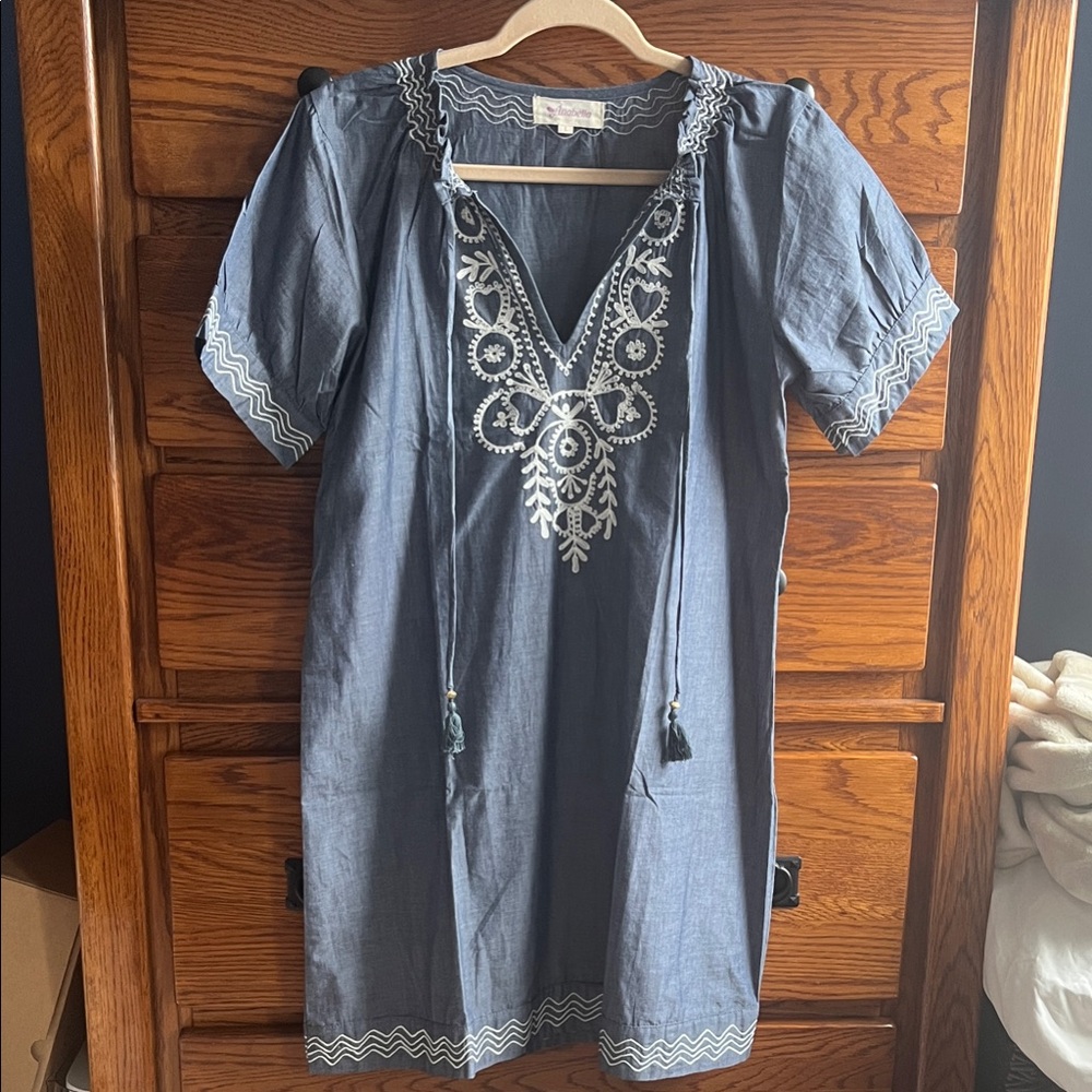 Annabella Denim Blue Embroidered Midi Dress